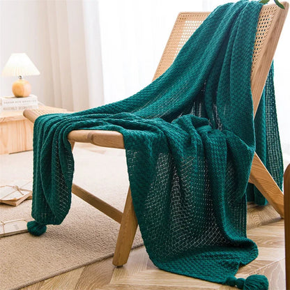 Nordic Blankets for Bed Sofa Couch Chunky Knit Bedspread Knitted Throw Blanket with Tassel Plain Color Waffle Embossed Blanket