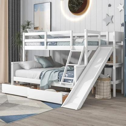 Convertible Wood Twin-Over-Twin Bunk Bed with Storage Drawers and Ladder - Can Be Divided Into Two Daybeds White Beds