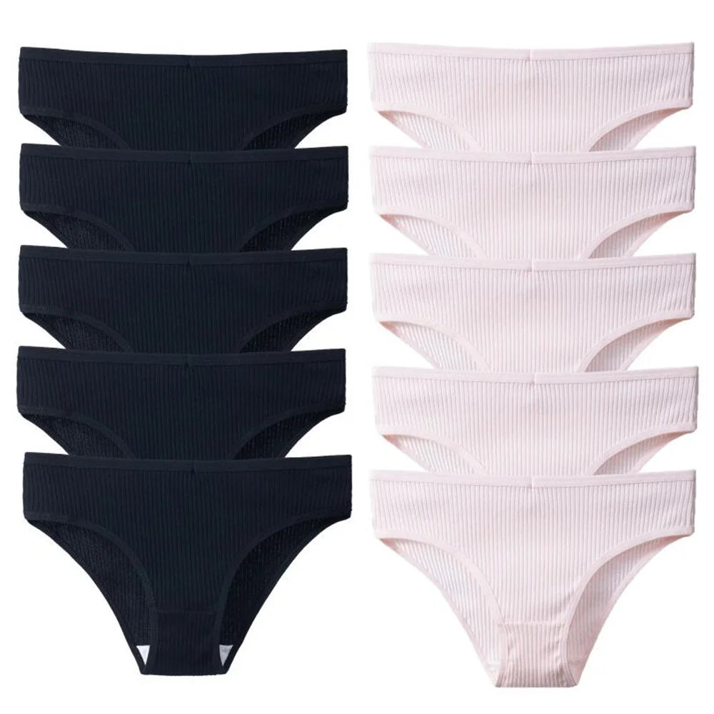 10Pcs/Pack 100% Cotton Women's Panties Comfortable Sexy Underwear Solid Color Stripe Briefs Simple Sports Underpants