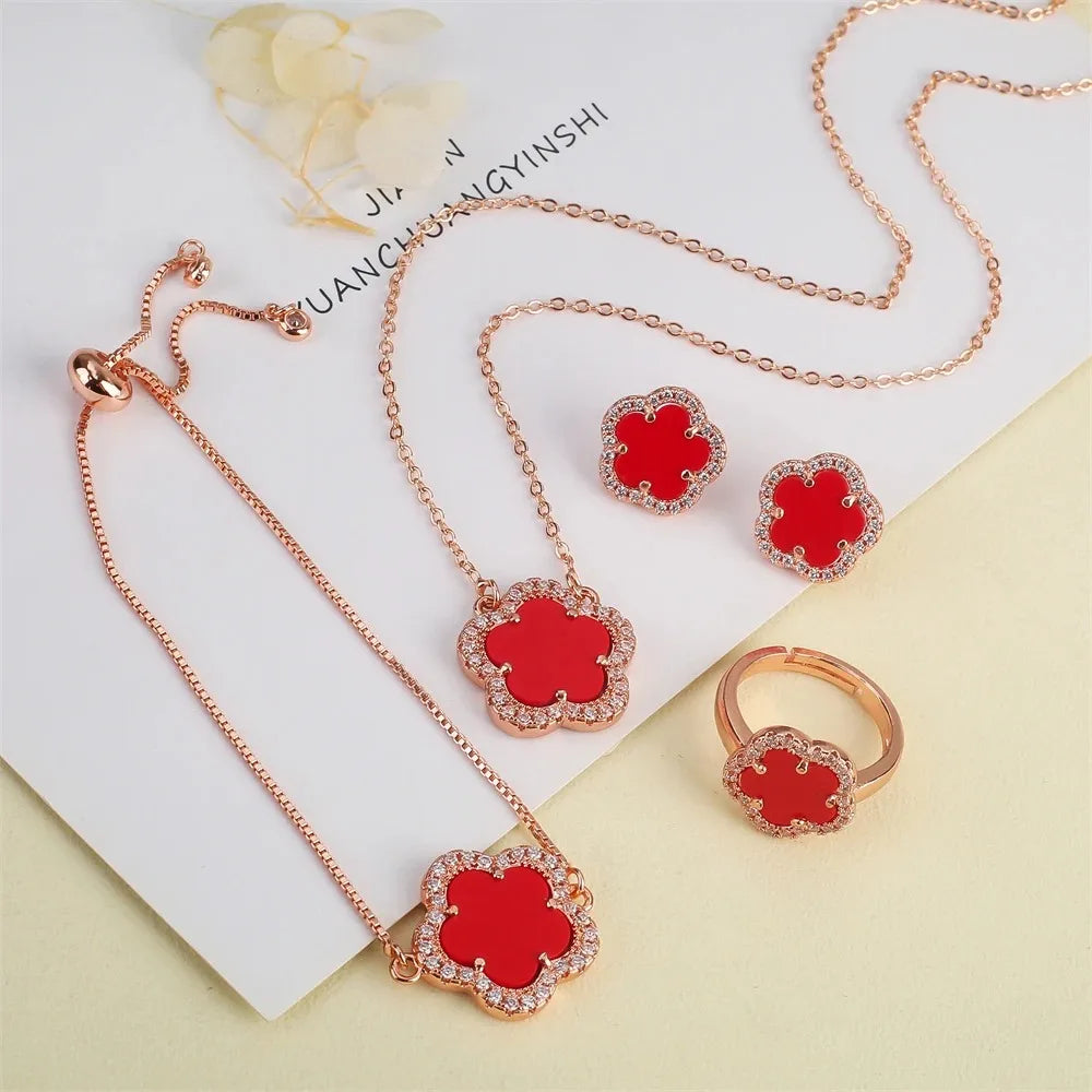 Natural stone zirconia clover jewelry collection classic five-leaf flower bracelet necklace ring earrings for women gift wholesa