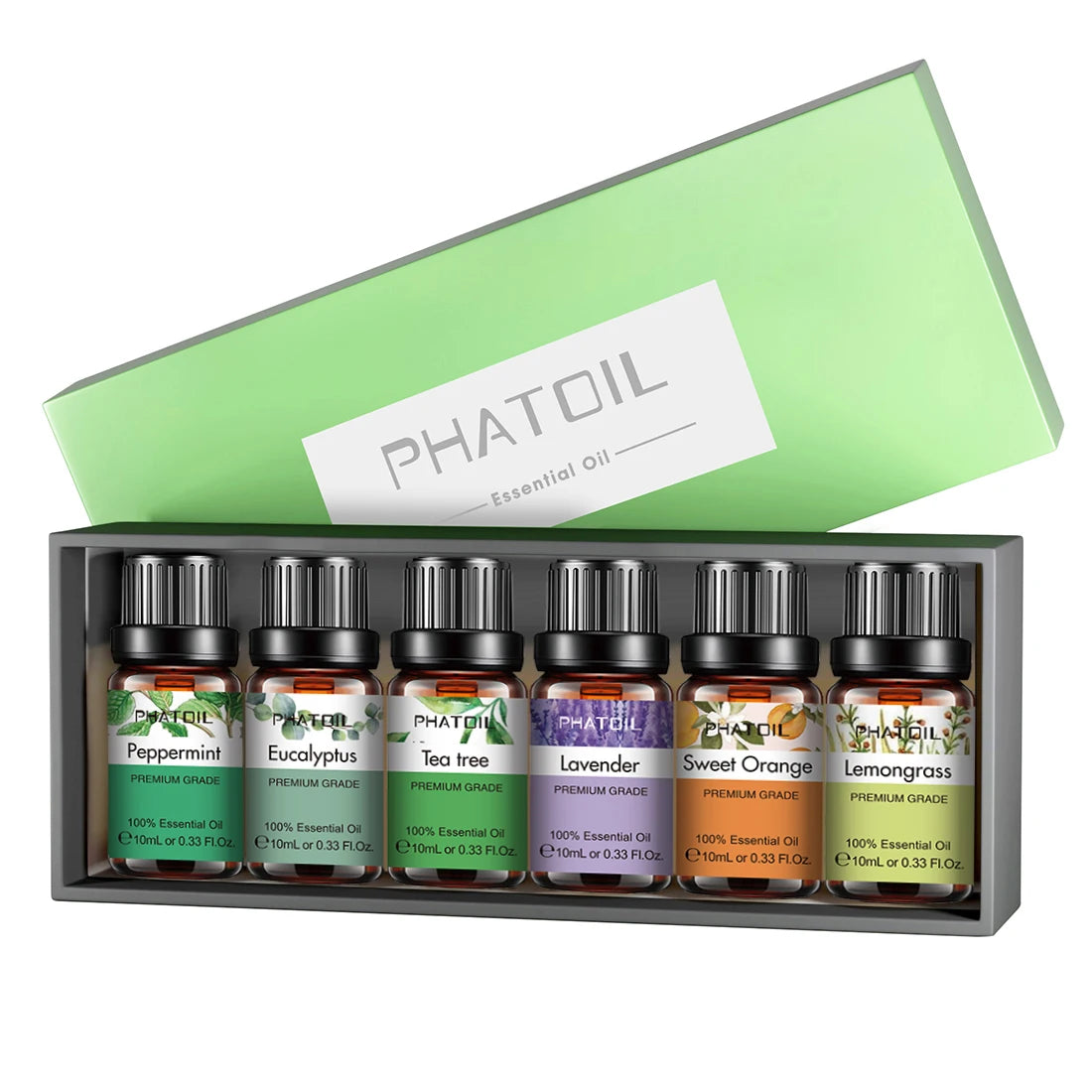 PHATOIL 6pcs Essential Oils Set 10ml Gift Box for Diffuser Skin Care Lavender Eucalyptus Peppermint Tea Tree Orange Lemongrass