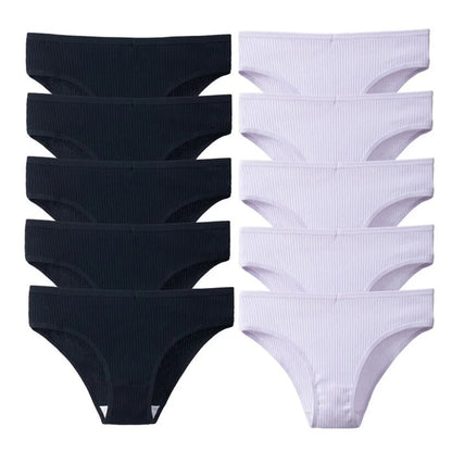 10Pcs/Pack 100% Cotton Women's Panties Comfortable Sexy Underwear Solid Color Stripe Briefs Simple Sports Underpants