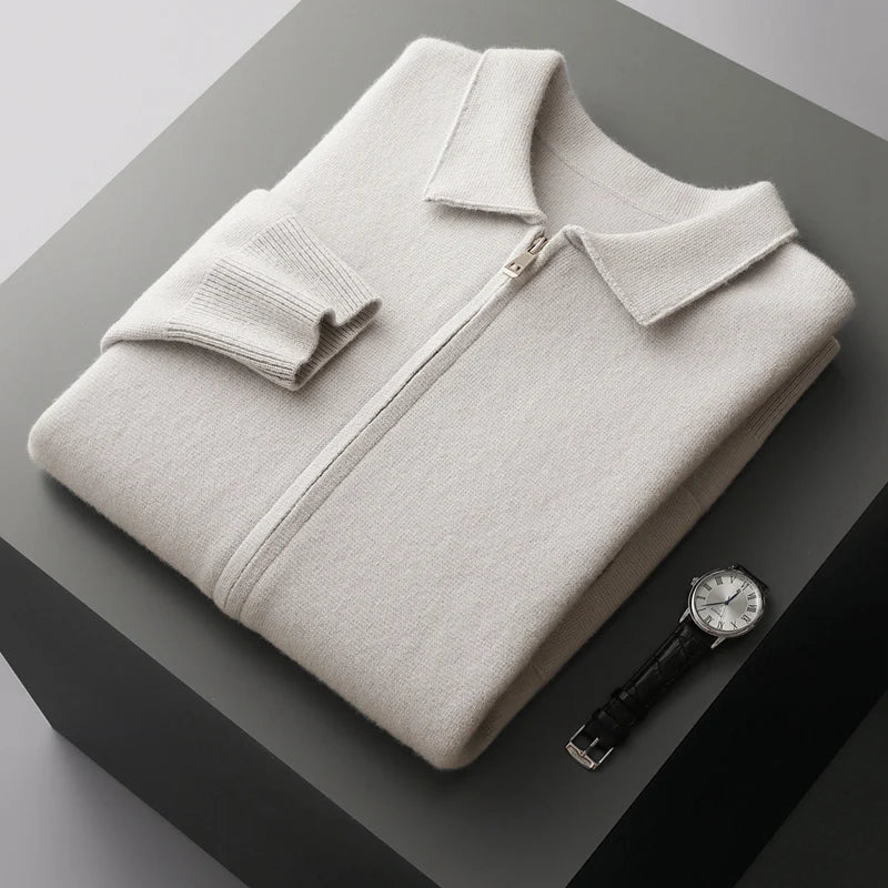 Men's Cardigan 100% Merino Wool Knitted Zippered Jacket Autumn and Winter Thickened Long Sleeved Men's Sweater Lapel Shirt