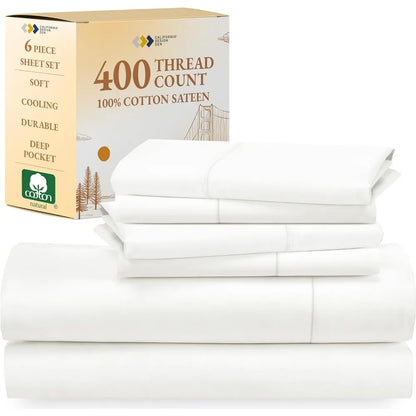 Full Sheet Set 6-Pc Queen Size Sheet Set With 4 Pillowcases - 400 Thread Count 100% Cotton Sheets Cooling Sateen Weave Sets Bed