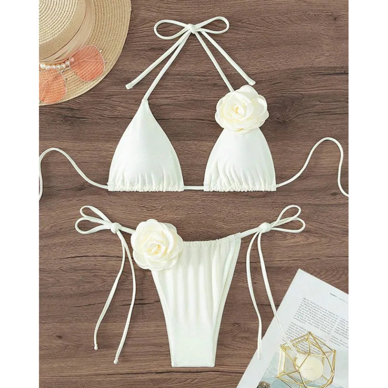 Summer Women Solid Color Swimsuit Sexy Flower Backless Pure Cotton Swimsuit Fashion Suspender Split Style Bikini Set