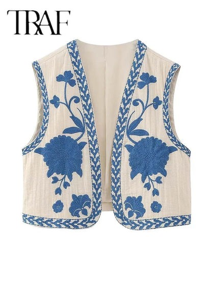 TRAF 2024 Women Fashion Floral Embroidery Vest Vintage Sleeveless Waistcoat Ouertwear Female Streetwear Chic Vests Tops