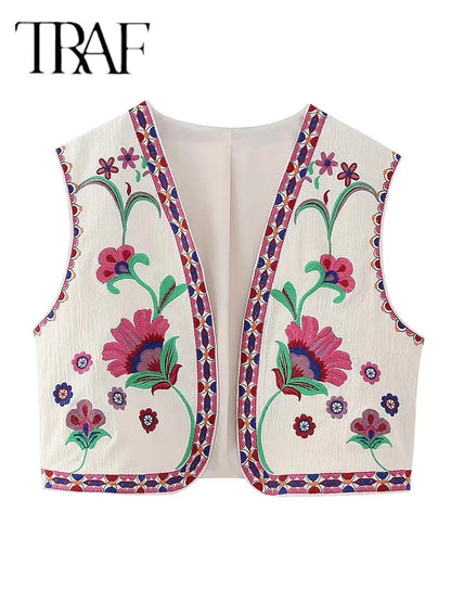 TRAF 2024 Women Fashion Floral Embroidery Vest Vintage Sleeveless Waistcoat Ouertwear Female Streetwear Chic Vests Tops