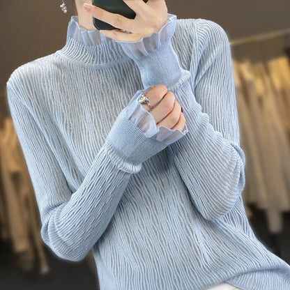 Women New Fine Wool Silk Sweater Lace Half-high Collar Hollow Out Pullover Spring Autumn Bottoming Shirt Knitting Top