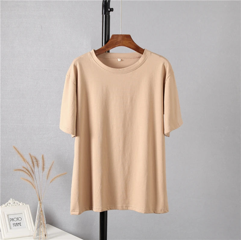 Hirsionsan 100% Cotton Oversized T Shirt Women Harajuku Basic Loose Short Sleeve Tees Soft Female Solid Tops Khaki Summer Jumper