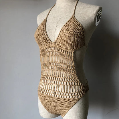 Sexy Hollow Out Cotton Crochet Swimwear, Women One Piece Swimsuit, Female Halter Knit Bodysuits Monokini Beach Bathing Suit