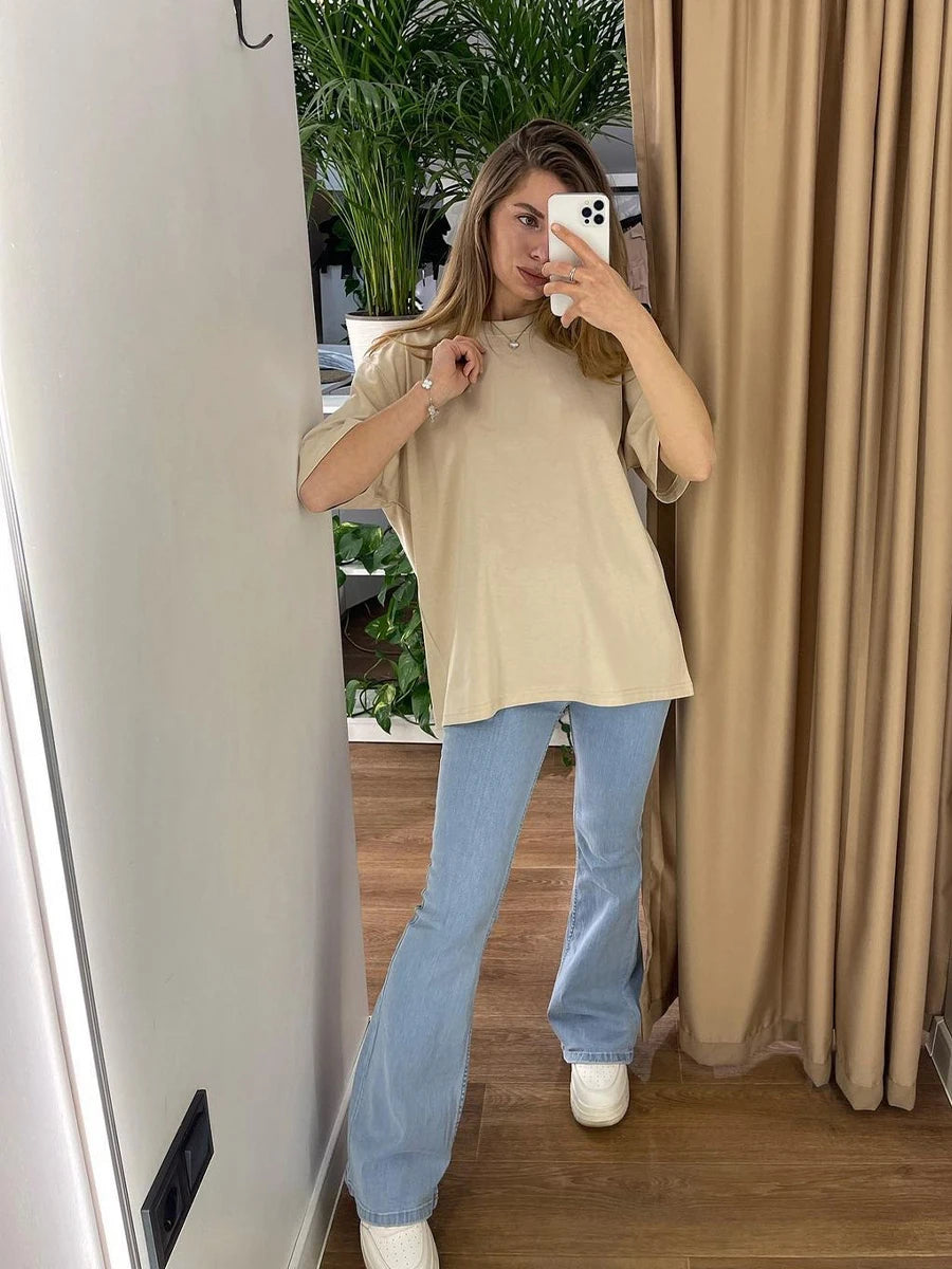 Hirsionsan 100% Cotton T Shirt Women Summer New Oversized Solid Tees Casual Basic Loose Tshirt Chic O Neck Female Tops