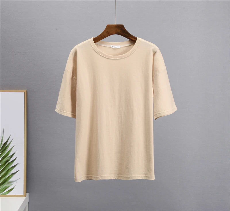 Hirsionsan Basic Cotton T Shirt Women Summer New Loose Solid Tees 19 Color Casual Loose Tshirt Oversized O Neck Female Tops