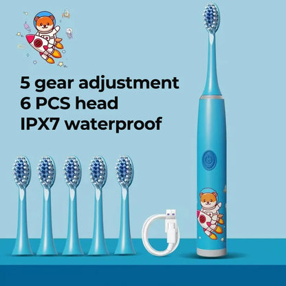 Child's USB Sonic Electric Toothbrush Rechargeable Colorful Cartoon Brush Kids Automatic IPX7 Waterproof With Replacement Heads