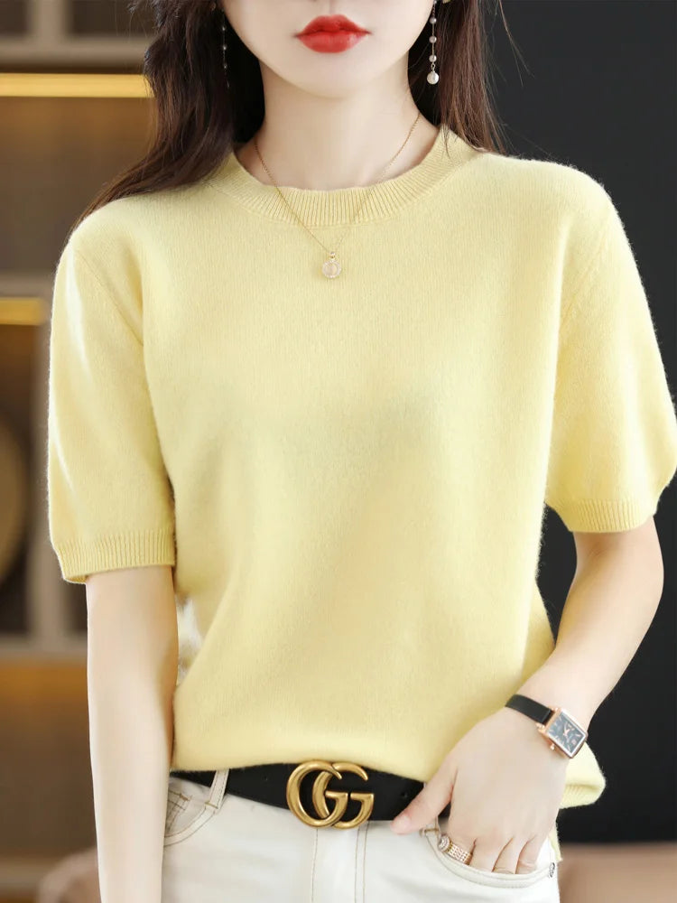 New Short-sleeved Knitwear Women O-neck T-shirt Wool Cotton Blend Pullover Vest Sprig Summer Bottoming Tops Sweater Solid Soft