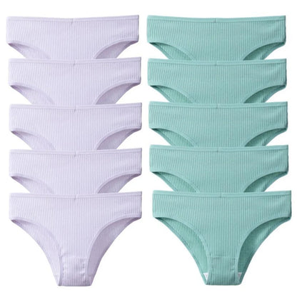 10Pcs/Pack 100% Cotton Women's Panties Comfortable Sexy Underwear Solid Color Stripe Briefs Simple Sports Underpants