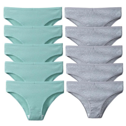 10Pcs/Pack 100% Cotton Women's Panties Comfortable Sexy Underwear Solid Color Stripe Briefs Simple Sports Underpants