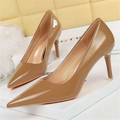 Women 7.5cm 10.5cm High Heels Wedding Bridal Classic Pumps Lady Scarpins Metallic Leather Low Heels Stiletto Nude Office Shoes