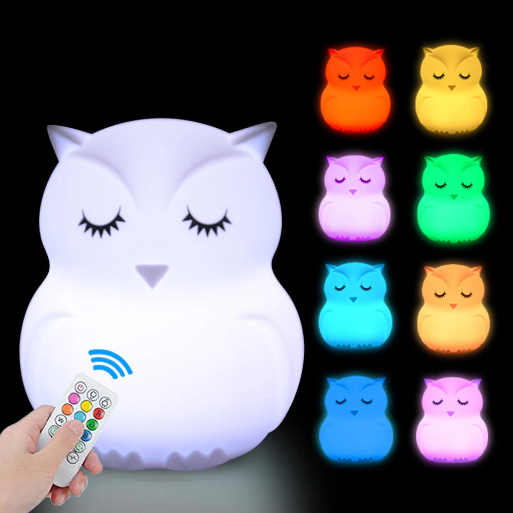 Owl LED Night Light Touch Sensor Remote Control 9 Colors Dimmable Timer Rechargeable Silicone Night Lamp for Children Baby Gift