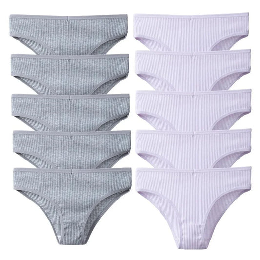 10Pcs/Pack 100% Cotton Women's Panties Comfortable Sexy Underwear Solid Color Stripe Briefs Simple Sports Underpants