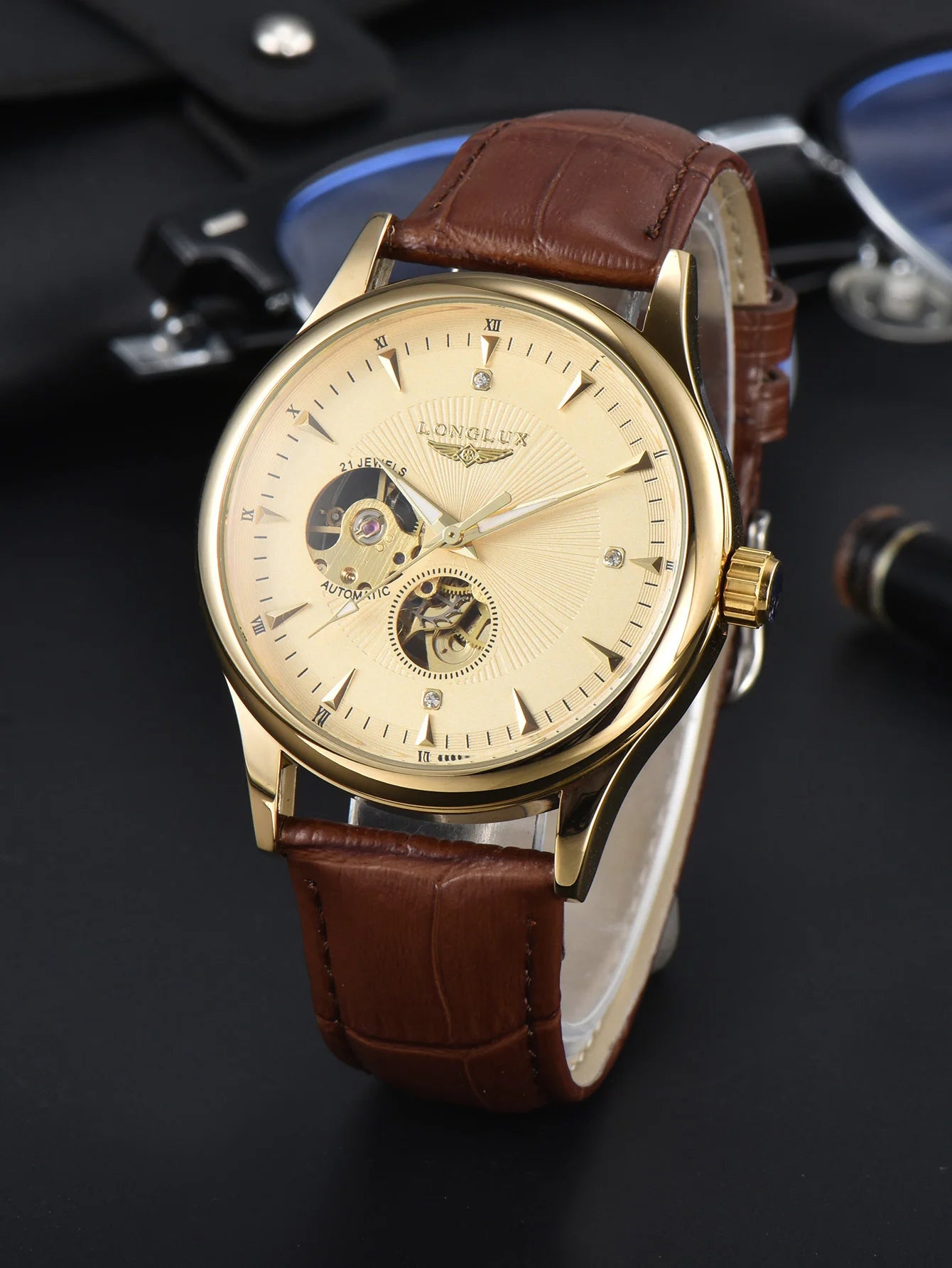 LONGLUX automatic watch elegant style mechanical wristwatches skeleton rome waterproof mens watch men gift