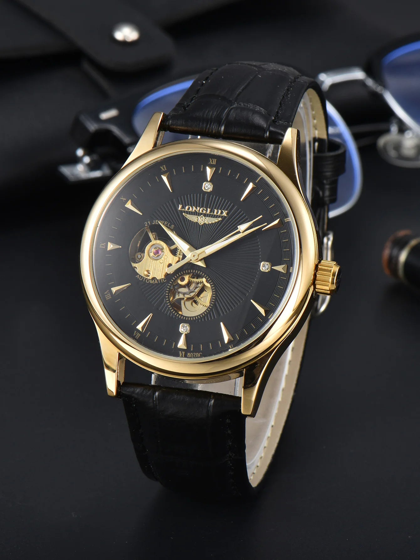 LONGLUX automatic watch elegant style mechanical wristwatches skeleton rome waterproof mens watch men gift