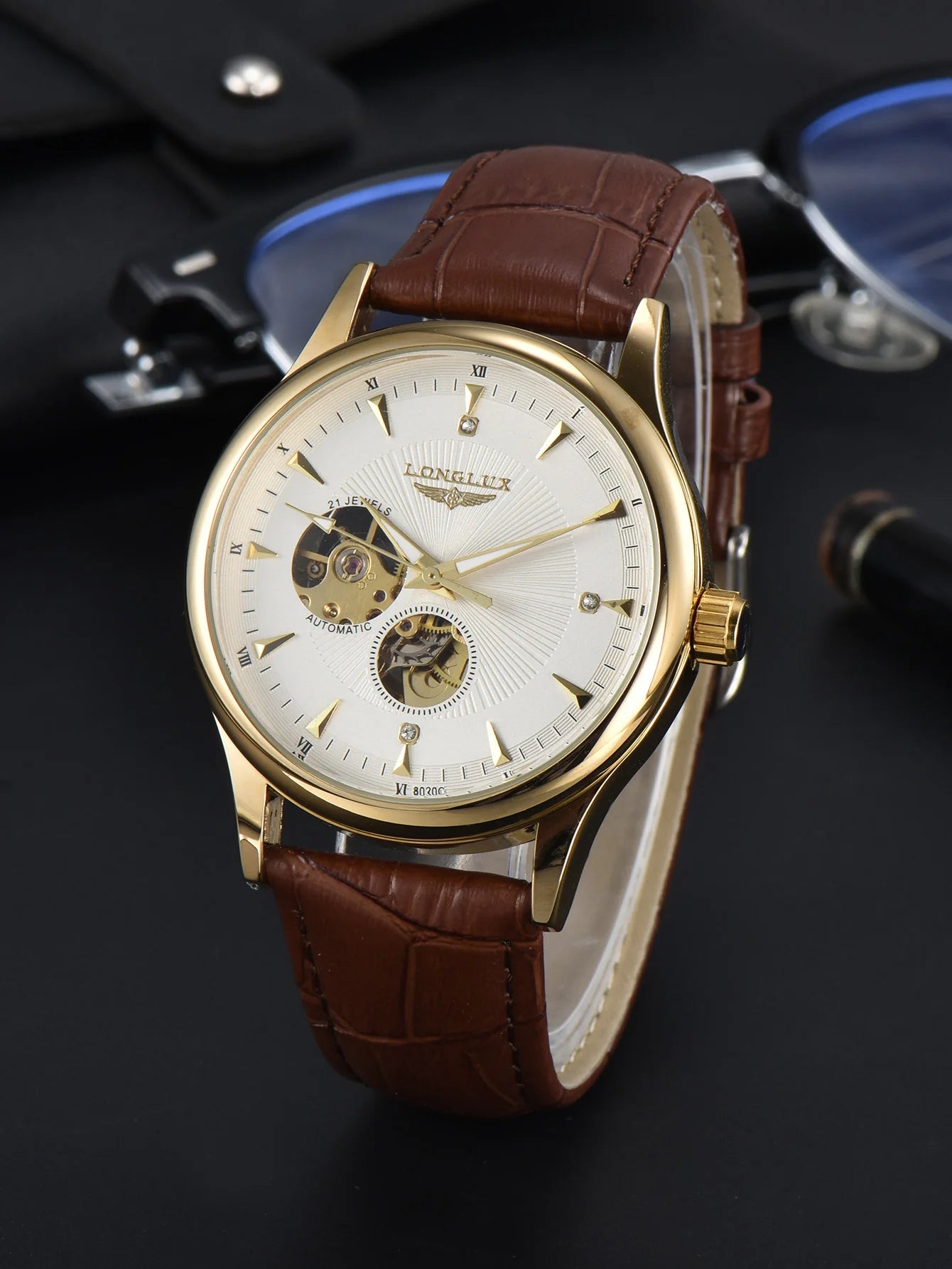 LONGLUX automatic watch elegant style mechanical wristwatches skeleton rome waterproof mens watch men gift