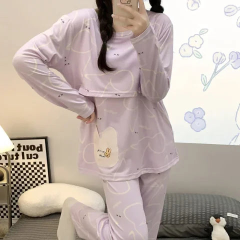 Postpartum woman lactation pajamas set autumn nursing leisurewear cartoon pregnant maternity breastfeeding tops long trousers