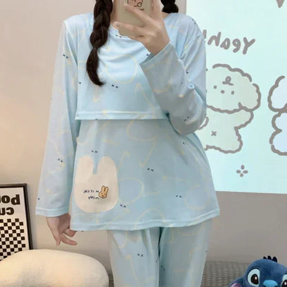 Postpartum woman lactation pajamas set autumn nursing leisurewear cartoon pregnant maternity breastfeeding tops long trousers