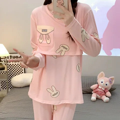 Postpartum woman lactation pajamas set autumn nursing leisurewear cartoon pregnant maternity breastfeeding tops long trousers