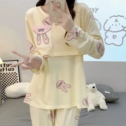 Postpartum woman lactation pajamas set autumn nursing leisurewear cartoon pregnant maternity breastfeeding tops long trousers