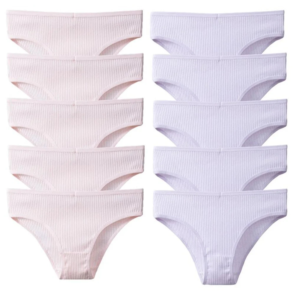 10Pcs/Pack 100% Cotton Women's Panties Comfortable Sexy Underwear Solid Color Stripe Briefs Simple Sports Underpants