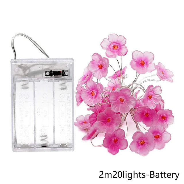 Cherry Blossom Flower Garland Lamp Battery/USB Operated LED String Fairy Lights Crystal Flowers Indoor Wedding Christmas Decors