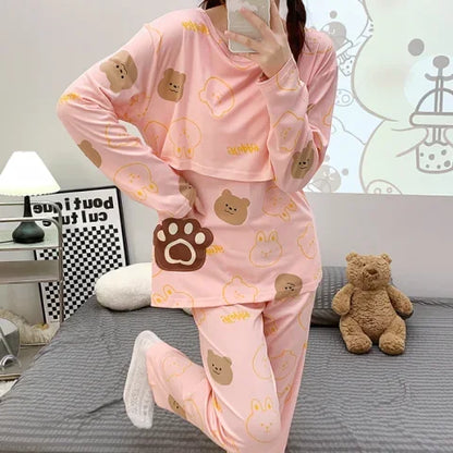 Postpartum woman lactation pajamas set autumn nursing leisurewear cartoon pregnant maternity breastfeeding tops long trousers