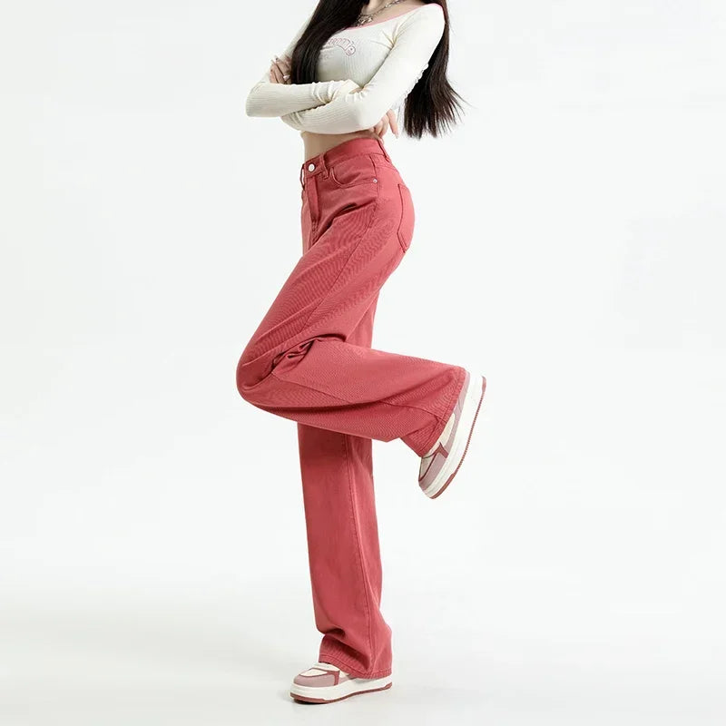 ZOENOVA Korean Long Trousers Casual Denim Pants Simple Female Spring Straight Loose Women's Wide Leg Jeans Pink Purple Red