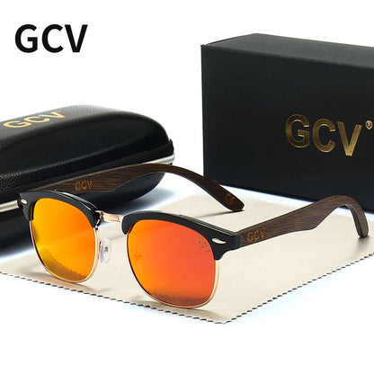 GCV Handmade Classic Leading Par Wooden Sunglasses Men Women Polarized UV400 Protection Semi-Rimless Retro Eyewear Oculos Party