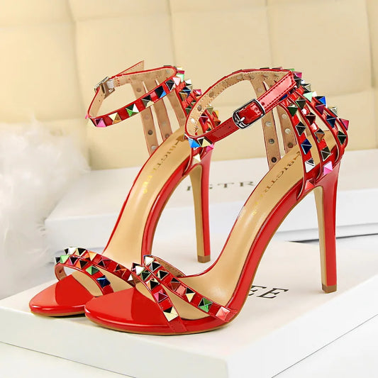 Summer Women 11cm High Heels Rivets Studded Sandals Lady Sandels Stiletto Gladiator Pumps Open Toe Luxury Shoes