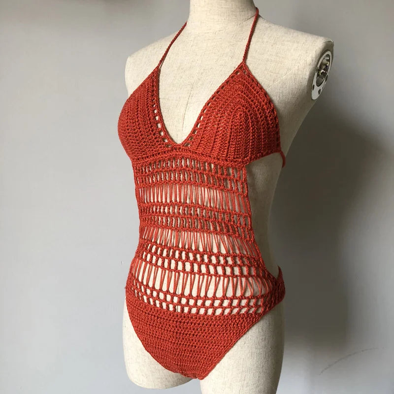 Sexy Hollow Out Cotton Crochet Swimwear, Women One Piece Swimsuit, Female Halter Knit Bodysuits Monokini Beach Bathing Suit