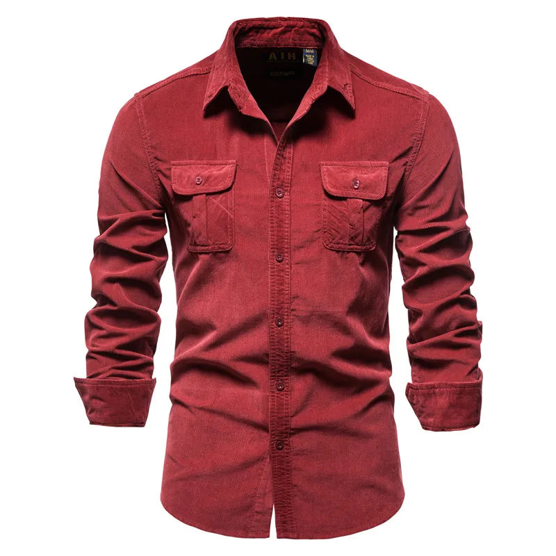 Single Breasted 100% Cotton Men's Shirt Business Casual Fashion Solid Color Corduroy Men Shirts Autumn Slim Shirt Men