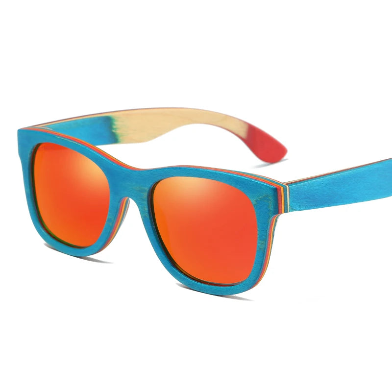 GM Skateboard Wooden Sunglasses Blue Frame With Coating Mirrored Bamboo Sunglasses UV 400 Protection Lenses in W033