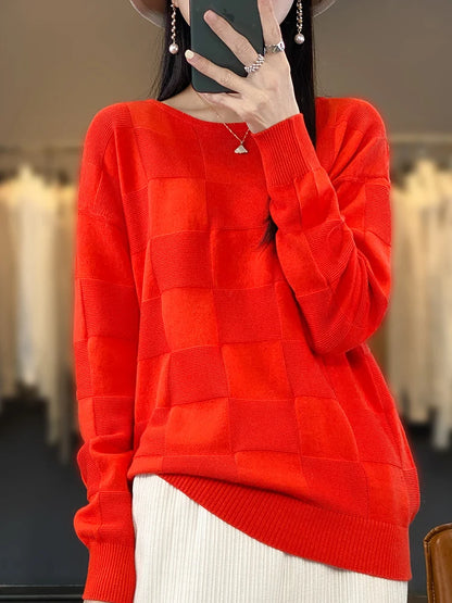 Autumn Winter New Women 100% Cotton Soft Sweater Round Collar Square Pattern Pullover Loose Fashion Knitwear Casual Base Top