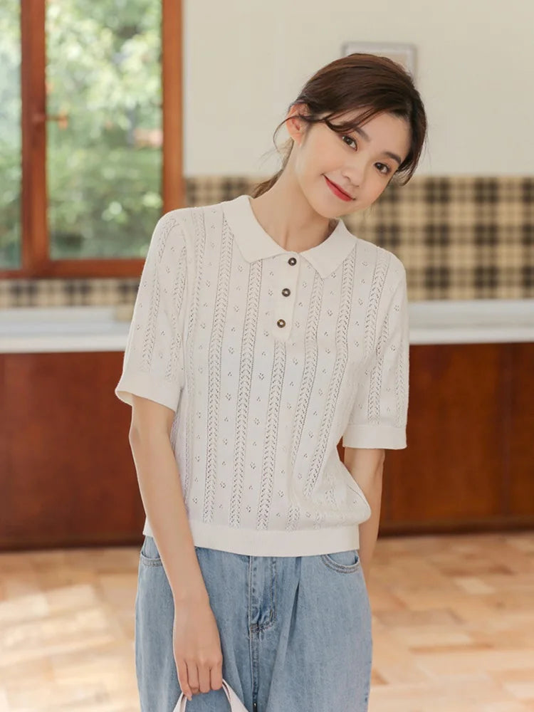 New Summer Fashion 100% Cotton Women Hollow-out Sweater T-shirt Short-sleeve Polo Collar Pullover Tees Korea Casual Knitted Tops