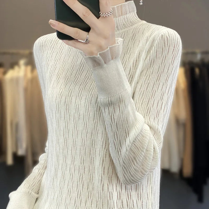 Women New Fine Wool Silk Sweater Lace Half-high Collar Hollow Out Pullover Spring Autumn Bottoming Shirt Knitting Top