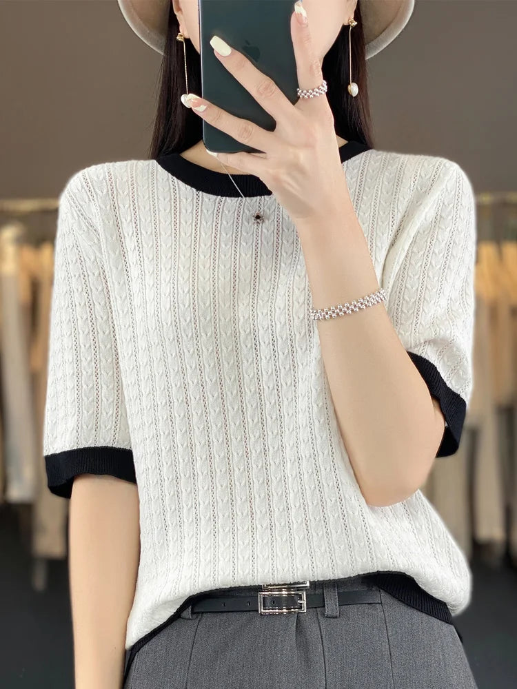 Summer New Women Cool Silk Short-sleeved Tees O-Neck Fashion Color Matching Twists T-shirt Loose Half-sleeved All-match Top