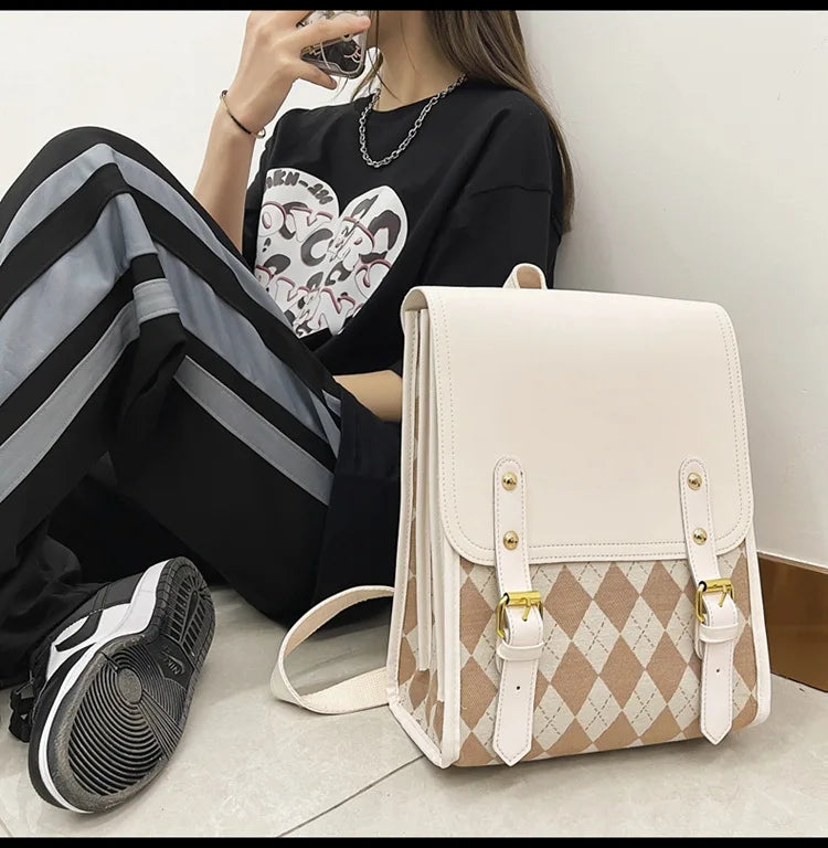 JIAERDI Preppy Style Plaid Backpack Women Harajuku Vintage Rhombic Lattice Jk Brown Backpacks Ladies Retro School Bag Aesthetic