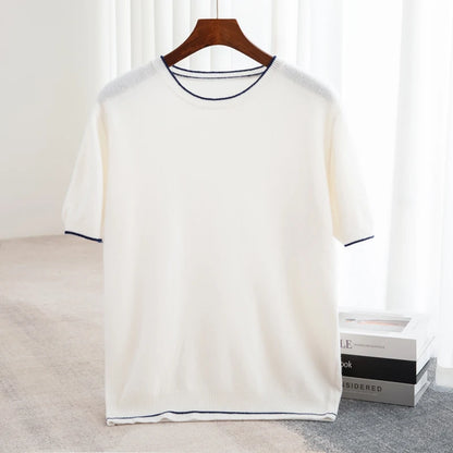 Men's T-shirt Summer New Knitted Tank Top Fashion Color Block Round Neck Pullover Sweater 100% Pure Wool Short sleeved