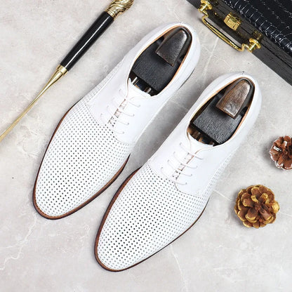 Men's Business Casual Oxford Shoes Real Cow Leather Comfortable Breathable Hollow Soft Leather Summer Shoes White Wedding Shoes