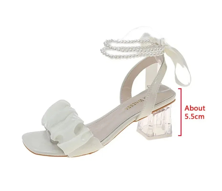 Comfort Shoes for Women Block Heels Pearl Sandals Med Suit Female Beige All-Match Chunky Girls Medium Clear Black Gladiator