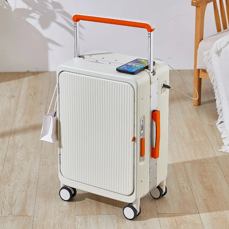 The new wide trolley cabin suitcase, aluminum frame trolley suitcase, spinner suitcase, personalized front opening business offi