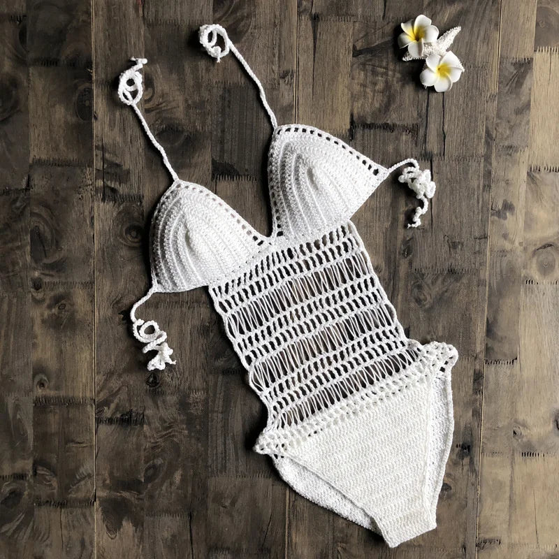 Sexy Hollow Out Cotton Crochet Swimwear, Women One Piece Swimsuit, Female Halter Knit Bodysuits Monokini Beach Bathing Suit