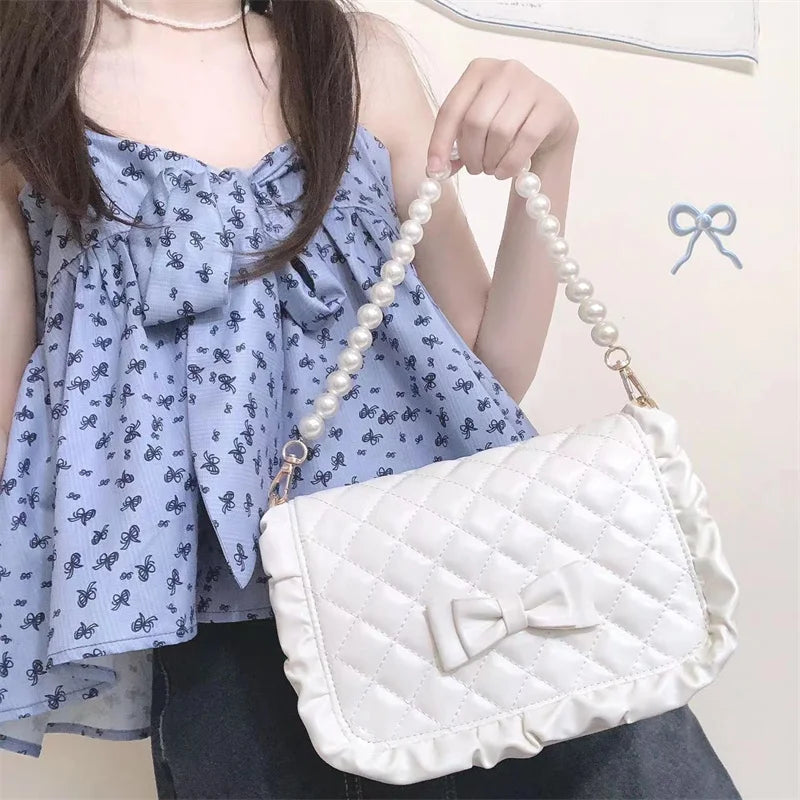 JIAERDI Harajuku Sweet Lolita Handbag Women Japanese Solid Color Chain Plaid Shoulder Bag Ladies Kawaii Underarm Bag